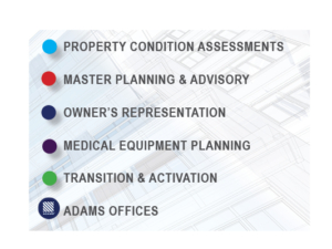 Map Key Image Listing ADAMS services, Property Condition Assessments, Master Planning & Advisory, Owner's Representation, Medical Equipment Planning, Transition & Activation